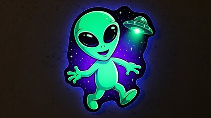 宇宙人幸せに歩く in 暗い背景での輝くUFO