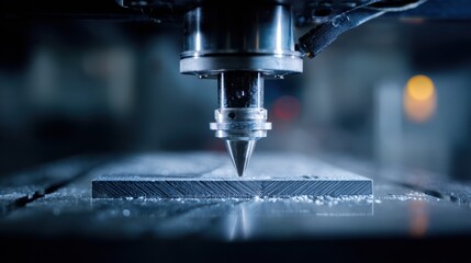 Medium shot of a metal 3D printer head depositing precise layers showcasing rapid prototyping in a hightech manufacturing environment.