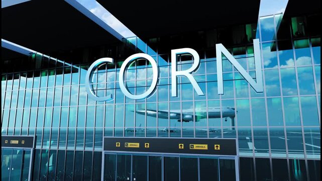 Airlane landing at Corn. Arrival in the city with reflection of airport and aircraft