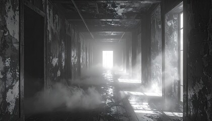 Dark Hallway Leading to Light in Burned Building