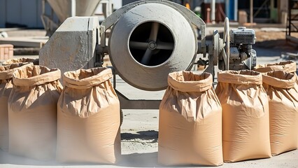 建設現場でのセメント袋の整列とミキサーの調和