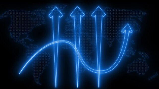 Business Data Animation with Glowing Neon Bars and Rising Arrows, Arrows Indicating Global Growth and Decline