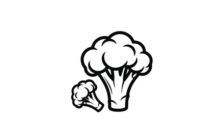 Minimalist line art illustration of broccoli florets is rendered in bold black and white for kitchen or menu design.