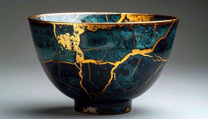 Dark Teal and Gold Kintsugi Bowl