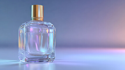 Bottle of perfume is sitting on a table. The bottle is clear and has a gold cap. The bottle is the main focus of the image, and it is a high-end product