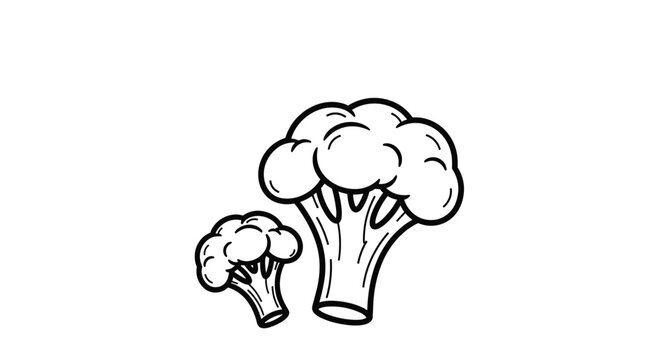 Simple black and white line drawing of a broccoli head and a small floret piece perfect for a coloring book or menu design. - Powered by Adobe