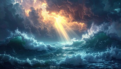 Dramatic Ocean Scene with Golden Light Breaking Through Dark Clouds