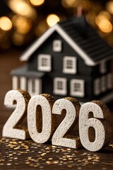 Celebratory 2026 numbers stand in front of a cozy model house for a festive New Year scene