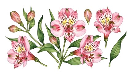 淡いピンクの花びら 優雅な花束の装飾的な水彩イラスト