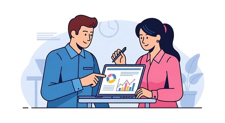 Business professionals collaborating on a laptop with charts and graphs.