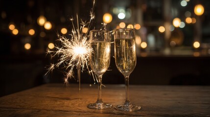 Two glasses of champagne toasting in the night with lights bokeh, glitter, and sparks in the background, symbolizing celebration, festive atmosphere, and New Year's Eve party.