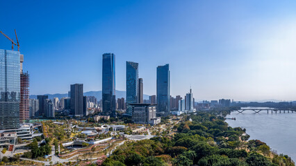 Modern City Skyline with Skyscrapers and River