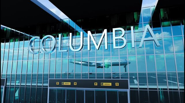 Airlane landing at Columbia. Arrival in the city with reflection of airport and aircraft