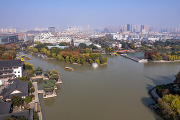 Aerial View of Scenic City Lake with Architecture