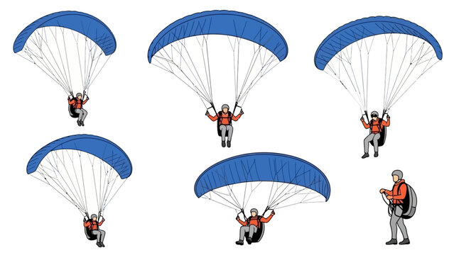 A group of people are skydiving with blue parachutes in the air