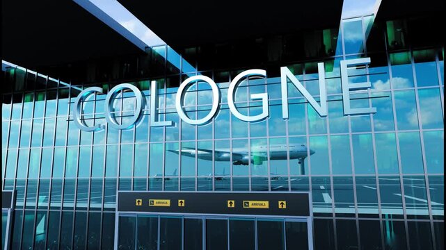 Airlane landing at Cologne. Arrival in the city with reflection of airport and aircraft