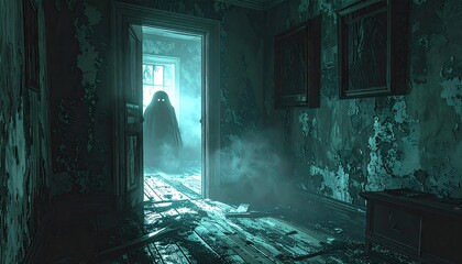 Eerie Teal Figure in Abandoned Building