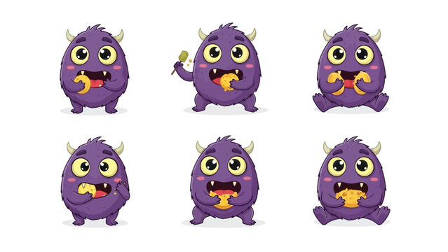 Cute purple monster characters eating pizza in various fun poses