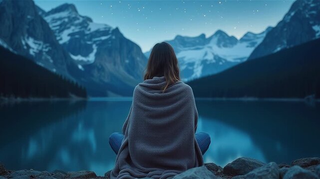 Woman wrapped blanket facing starlit mountain lake, quiet predawn atmosphere, snow-dusted peaks, glassy reflection, cool blue tones, cozy texture, contemplative solitude, slow travel vibe