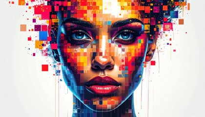 Abstract Pixelated Portrait of a Woman with Intense Gaze.