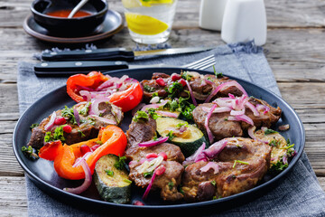 Grilled pork neck chunks with roasted veggies