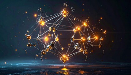 Abstract interconnected network of glowing spheres and lines on dark background.