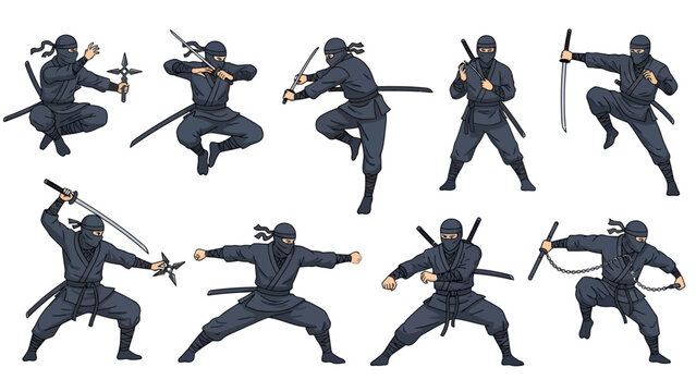 Ninjas in dynamic poses with swords and shuriken on white background