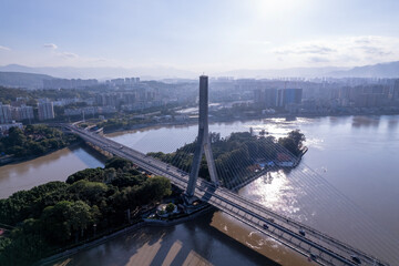 Aerial View of Cable - Stayed Bridge Over River