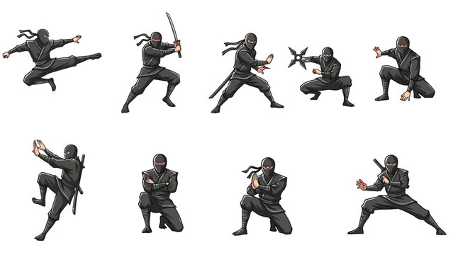 Set of ninja characters in various dynamic poses and actions