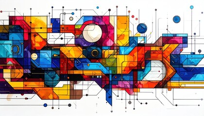 Abstract Watercolor Network - A Vibrant Interconnection of Shapes and Lines.