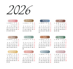 Year 2026 colorful calendar template vector illustration. Spanish calendar.