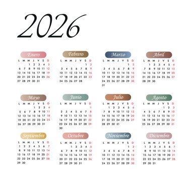 Year 2026 colorful calendar template vector illustration. Spanish calendar.