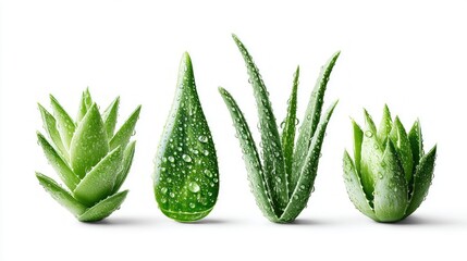 Fresh aloe vera plants with water droplets isolated on a white background