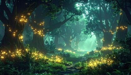 Enchanted Forest Path with Glowing Fireflies