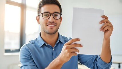 明るい室内で笑顔の男性が白い紙を見せる瞬間