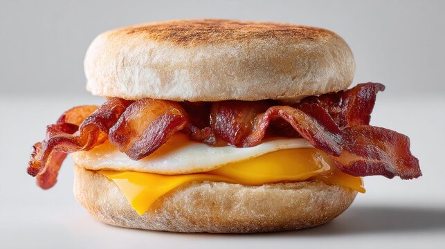Delicious breakfast sandwich with bacon, egg, and cheese on an English muffin