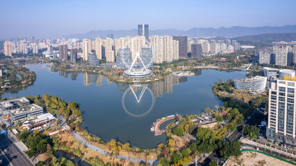 Aerial View of Modern City Lake with Architecture