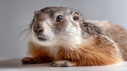 A curious groundhog is positioned quietly, showcasing its soft fur and inquisitive expression, perfectly highlighted against a light backdrop that invites imagination