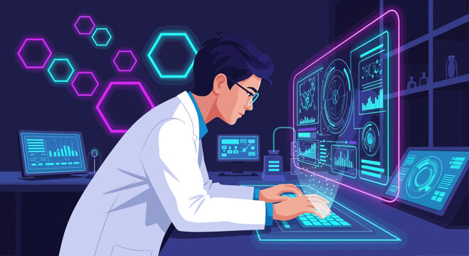 Scientist immersed in virtual research environment with futuristic data visualization and