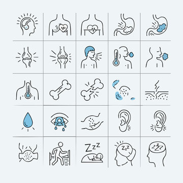 A comprehensive set of minimalist line icons depicting various human health conditions, common symptoms, and medical disorders for healthcare infographics.