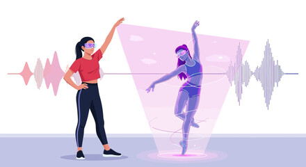Virtual ballet experience, dancer using augmented reality for enhanced training, futuristic dance