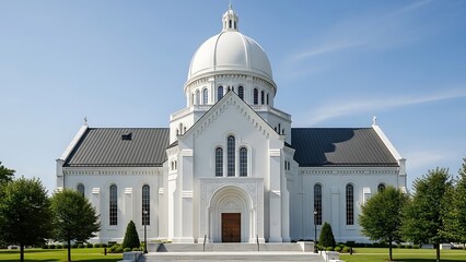 白い教会の建物は青空の下で堂々と輝いている