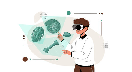 Virtual paleontology research: Researcher utilizing VR for ancient fossils analysis and study of