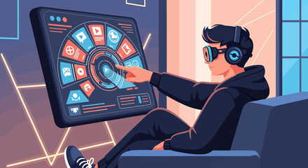 Virtual reality user interacting with digital interface on futuristic screen experience