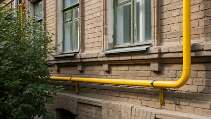 明るい日の下でレンガ壁の建物に通る黄色いパイプ