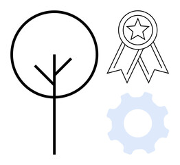 Sustainability, innovation, achievement, environmental awareness, teamwork, progress. Minimalistic tree, gear and award ribbon with a star. Sustainability and innovation concept