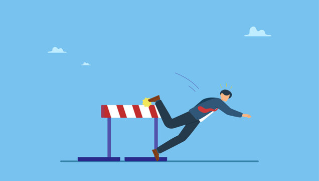 Frustrated businessman loser fail to jump over hurdle and falling to the ground. Business failure, mistake or cannot overcome difficulty or obstacle, problem or underperform employee.