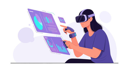 Woman immersing herself in virtual reality to analyze business performance indicators data