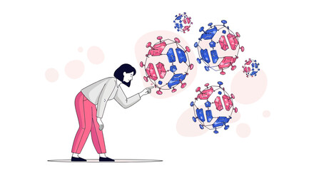 Woman observing abstract viral pathogens with spiked surfaces and geometric shapes on display