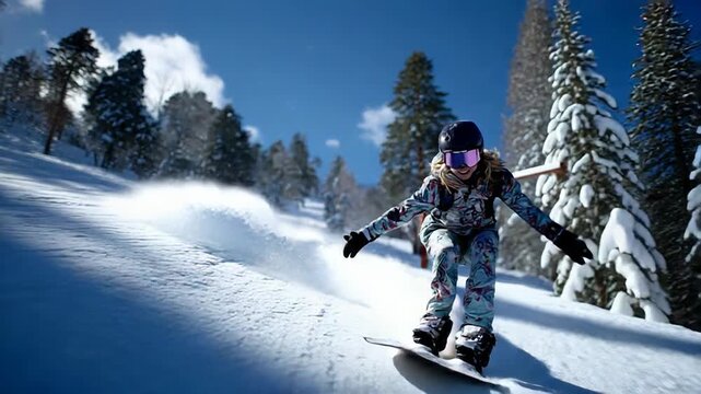 Woman snowboarding down snowy mountain slope